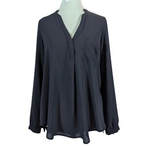 Harper Blouse Women S Black V-Neck Long Sleeve Split Back Minimalist Workwear